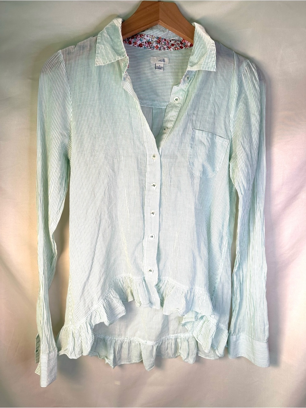 Anthro button down ruffle hem cottagecore coastal pinstripe green shirt